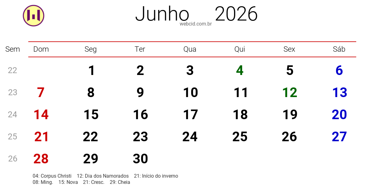 Calendário 2026 - Junho - Brasil com feriados e fases da lua