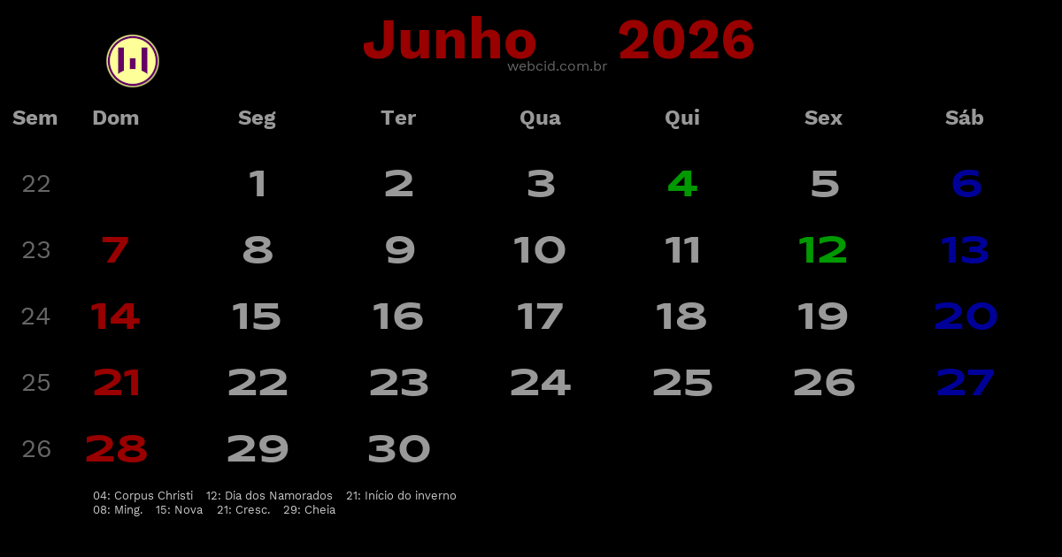 Calendário 2026 - Junho - Brasil com feriados e fases da lua