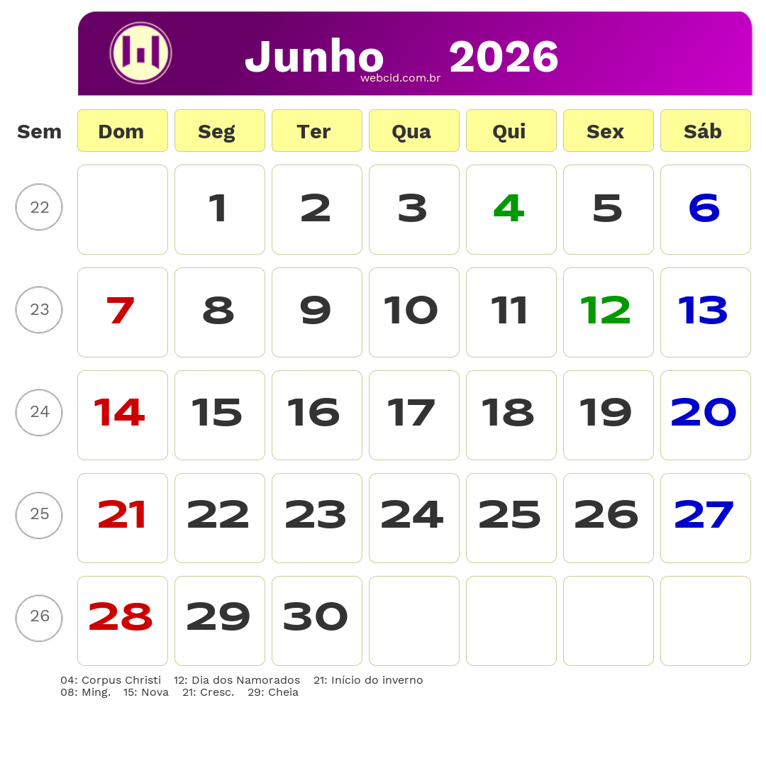 Calendário 2026 - Junho - Brasil com feriados e fases da lua