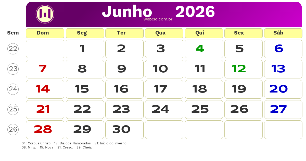 Calendário 2026 - Junho - Brasil com feriados e fases da lua