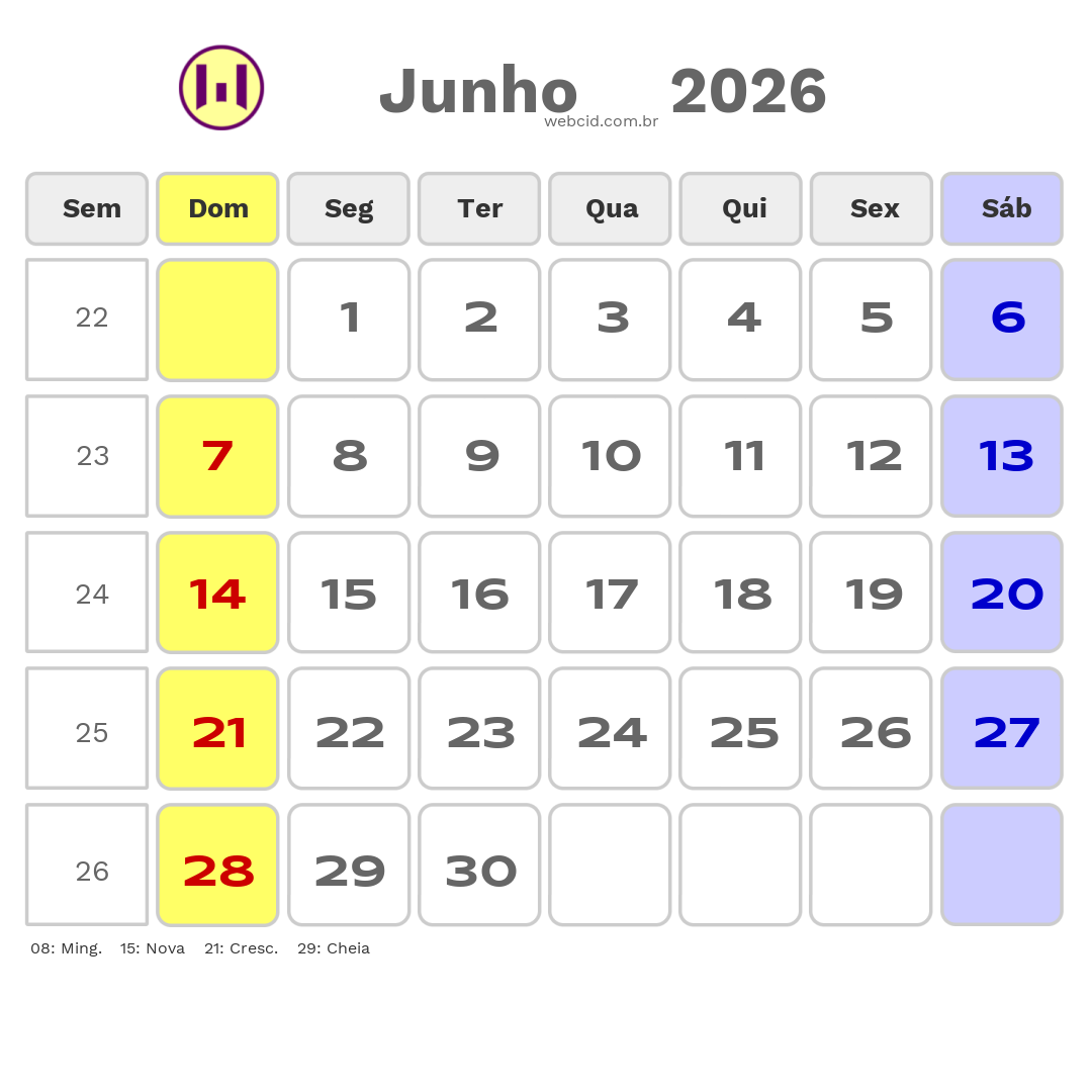 Calendário 2026 - Junho - Angola com feriados e fases da lua