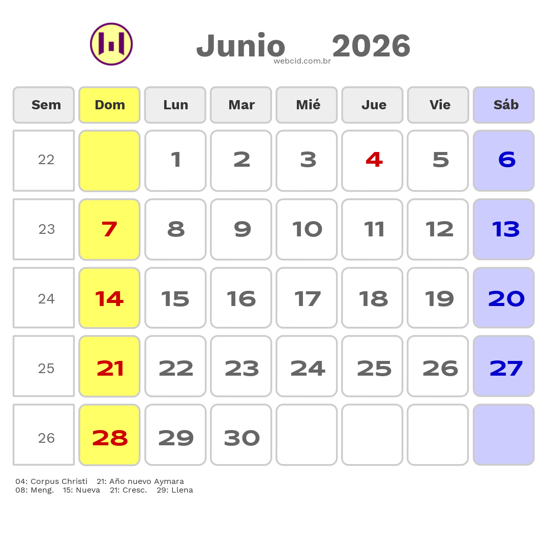 Calendario 2026 - Junio - Bolívia com feriados e fases da lua