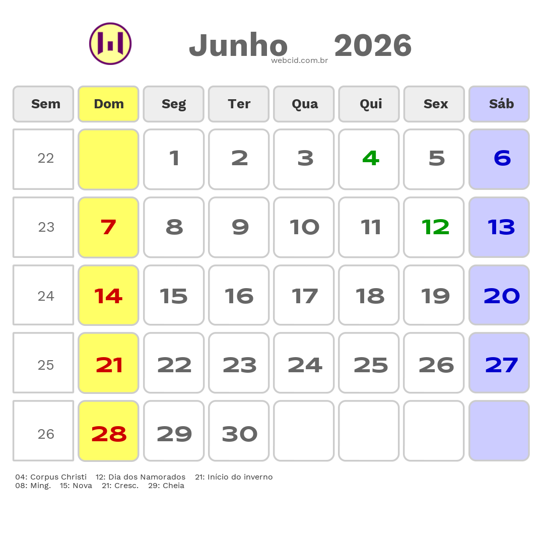 Calendário 2026 - Junho - Brasil com feriados e fases da lua