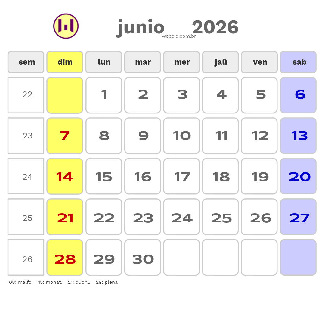 Kalendaro 2026 - junio - Esperanto-ESPERANTO com feriados e fases da lua