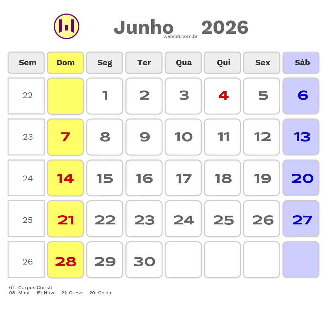 Calendário 2026 - Junho - Feriados Bancários com feriados e fases da lua