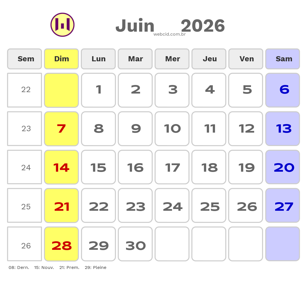 Calendrier 2026 - Juin - La France com feriados e fases da lua