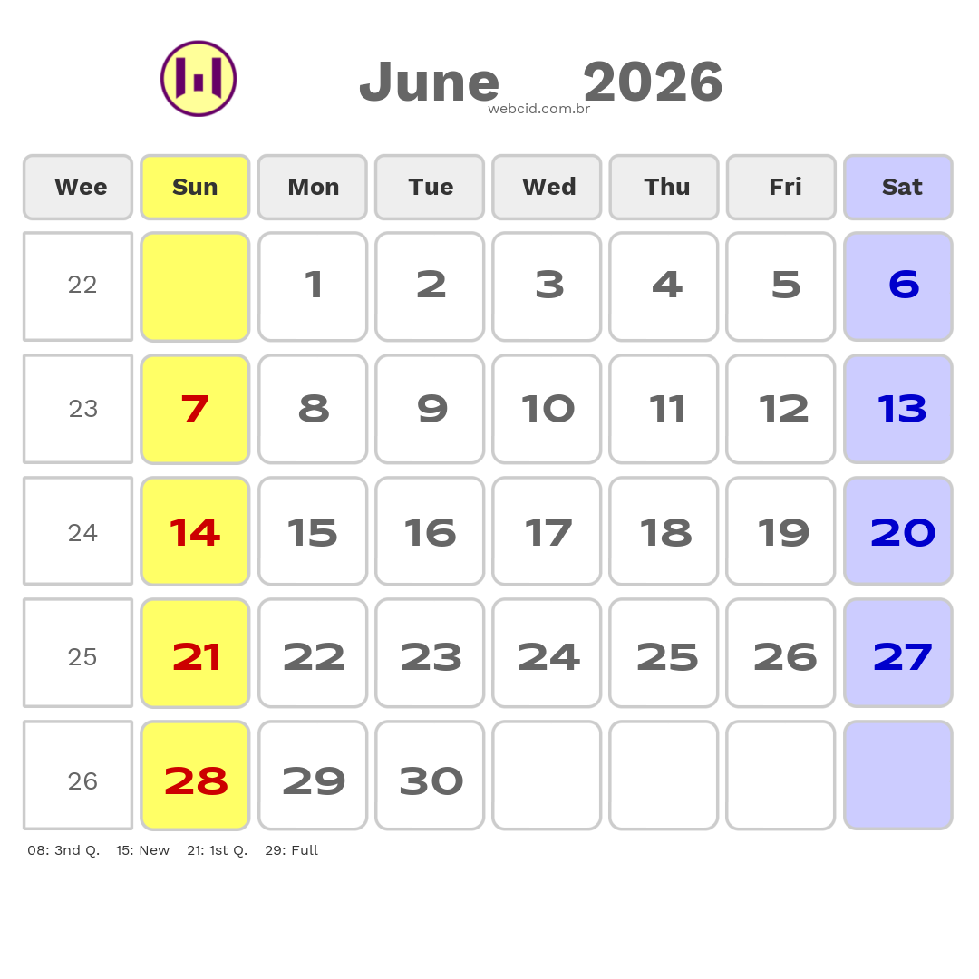 Calendar 2026 - June - Inglaterra com feriados e fases da lua