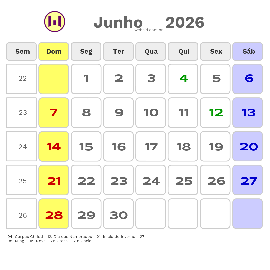 Calendário 2026 - Junho - Governador Nunes Freire-MA com feriados e fases da lua