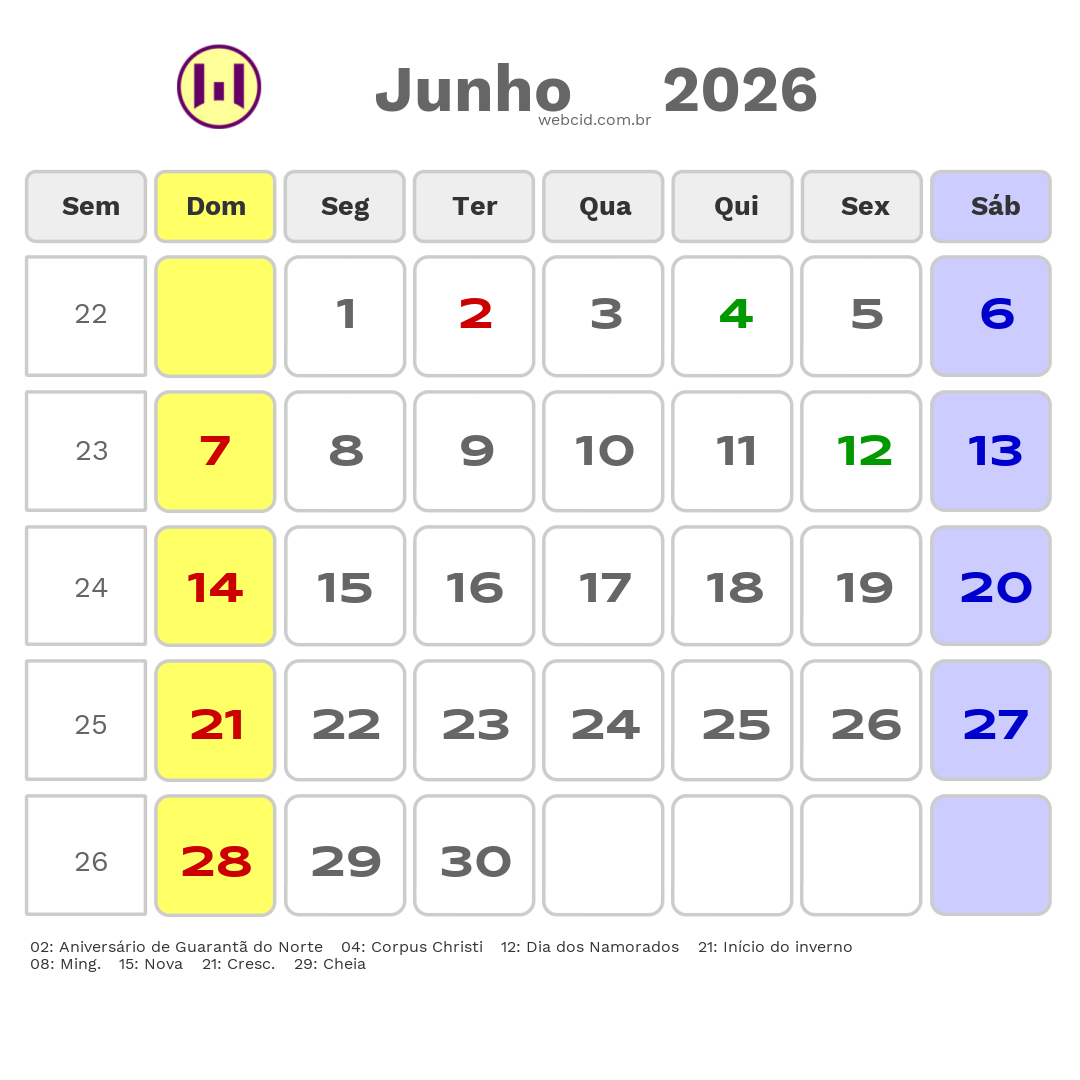Calendário 2026 - Junho - Guarantã do Norte-MT com feriados e fases da lua