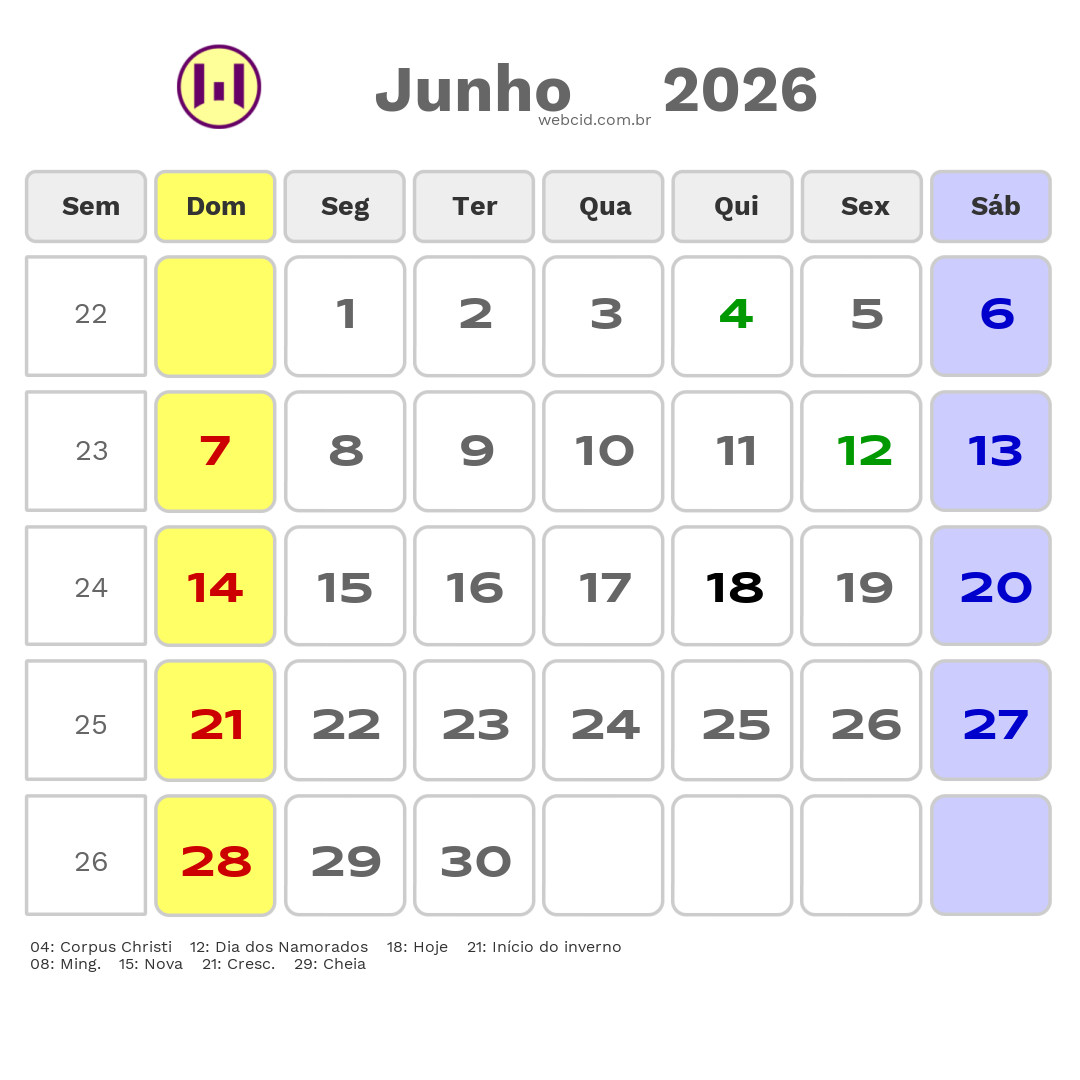 Calendário 2026 - Junho - São José do Rio Claro-MT com feriados e fases da lua