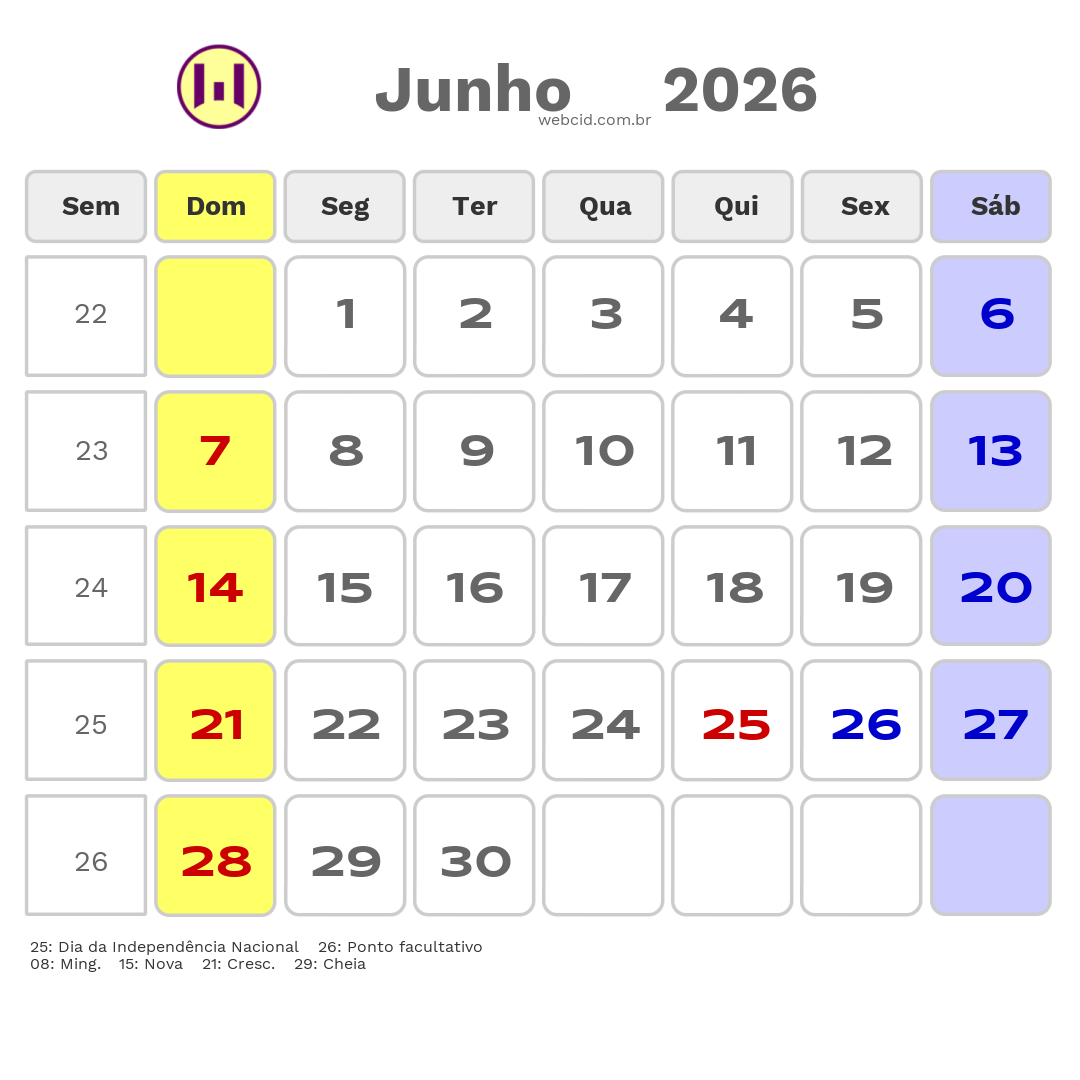 Calendário 2026 - Junho - Moçambique com feriados e fases da lua