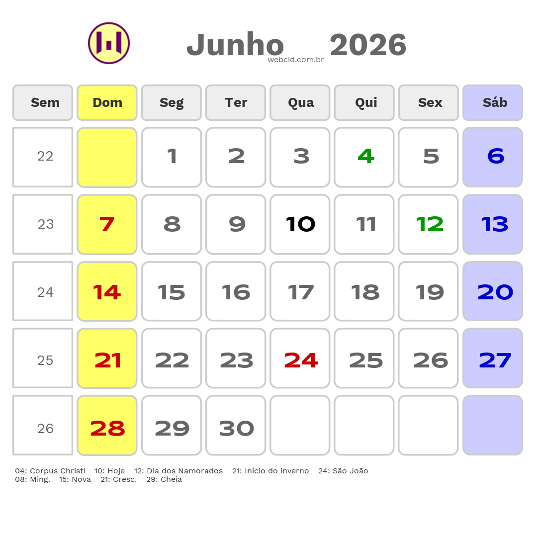 Calendário 2026 - Junho - Ferreiros-PE com feriados e fases da lua