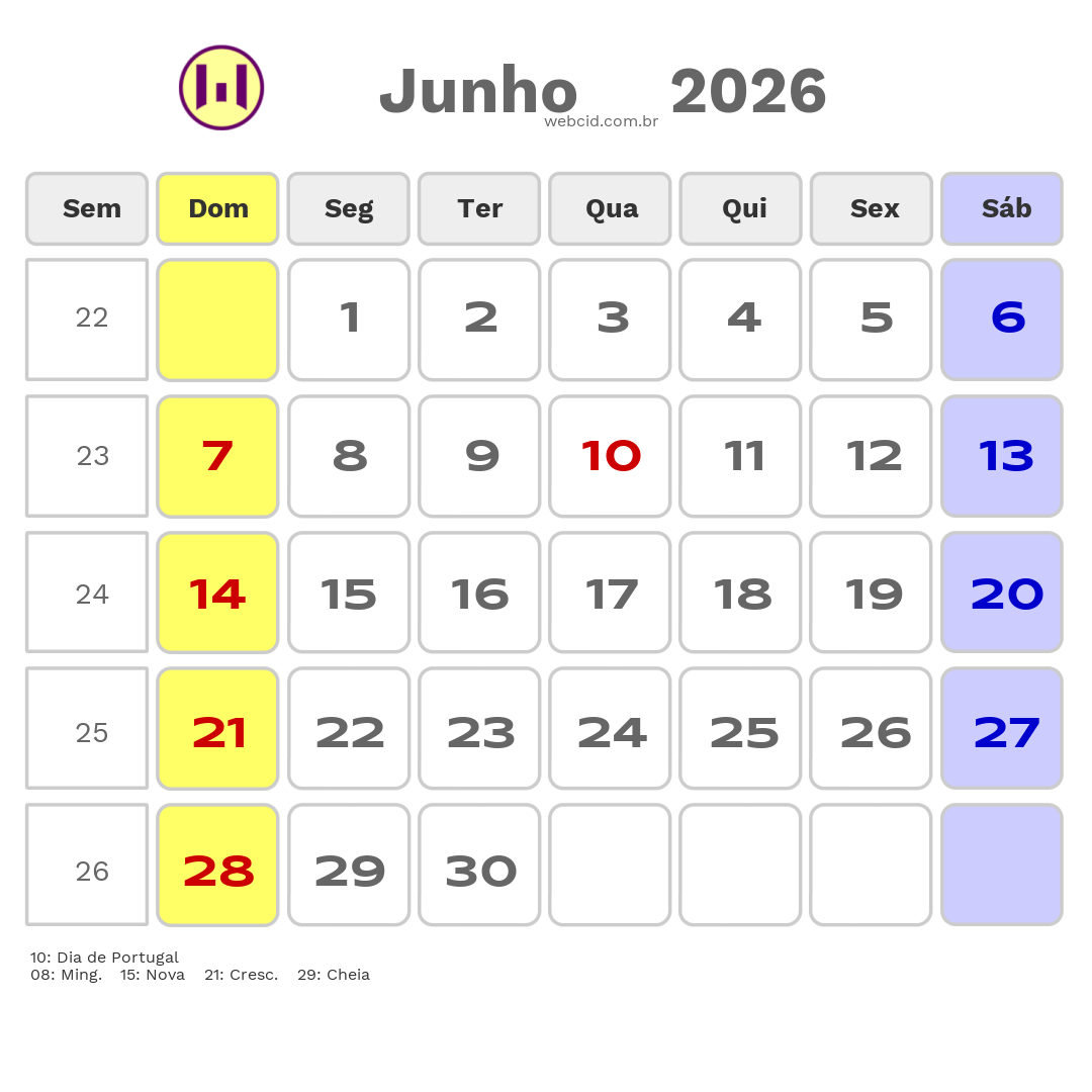 Calendário 2026 - Junho - Portugal com feriados e fases da lua