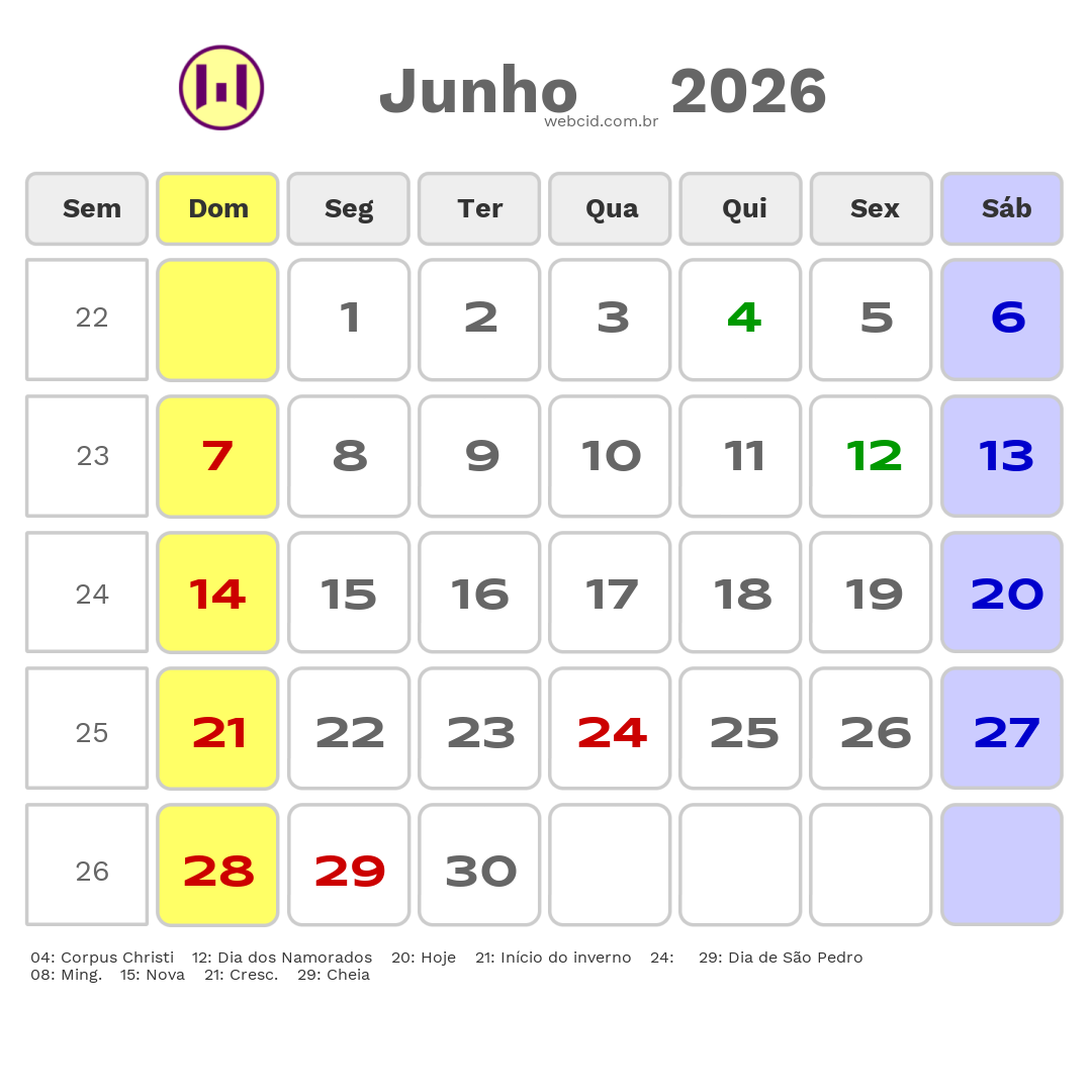 Calendário 2026 - Junho - Santa Cruz-RN com feriados e fases da lua