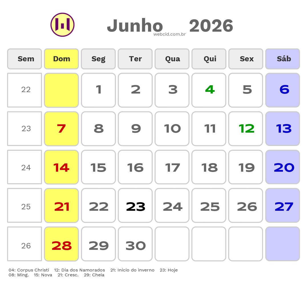 Calendário 2026 - Junho - Caçapava do Sul-RS com feriados e fases da lua