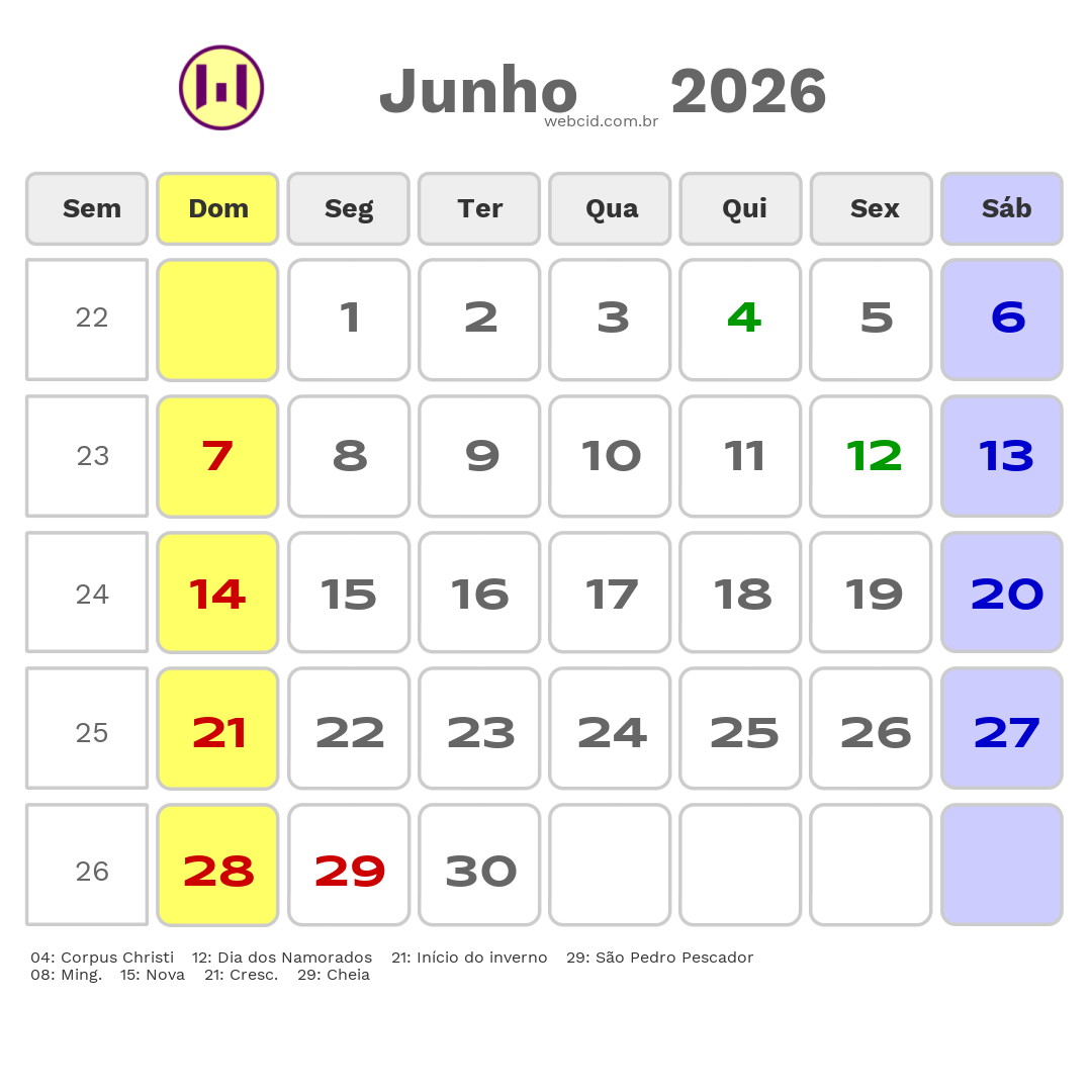 Calendário 2026 - Junho - Ubatuba-SP com feriados e fases da lua