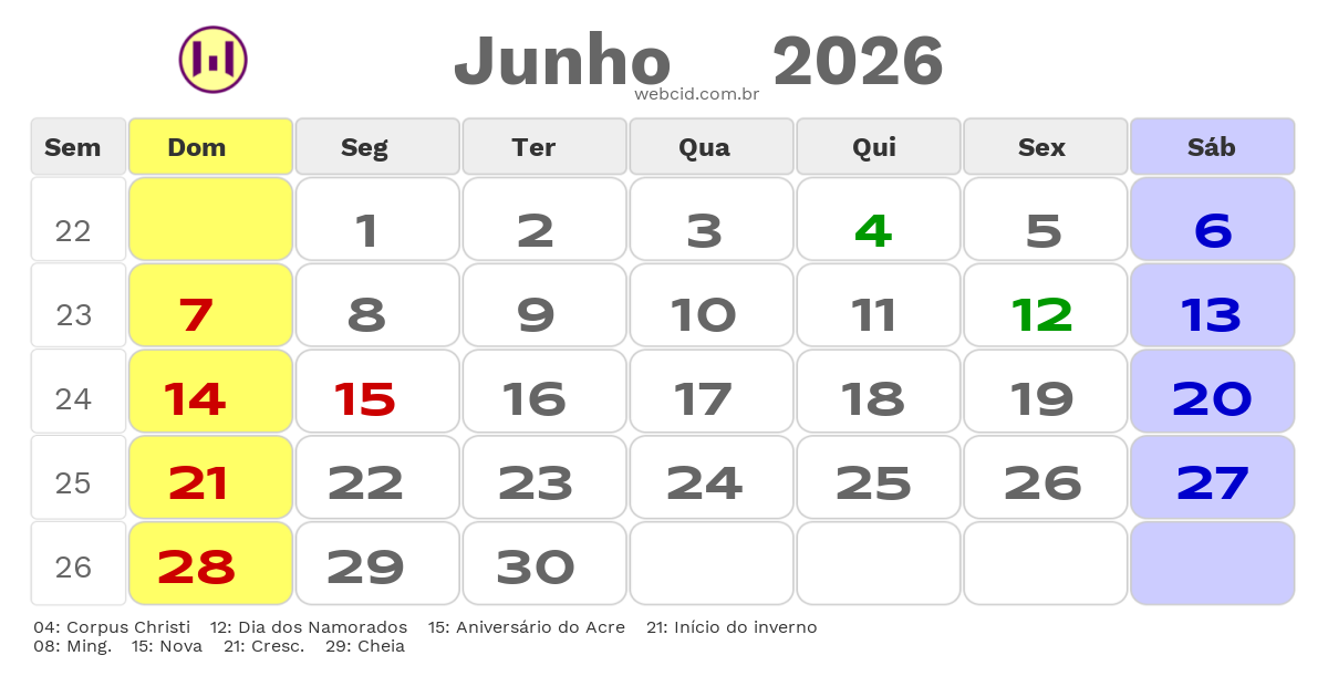Calendário 2026 - Junho - Feijó-AC com feriados e fases da lua