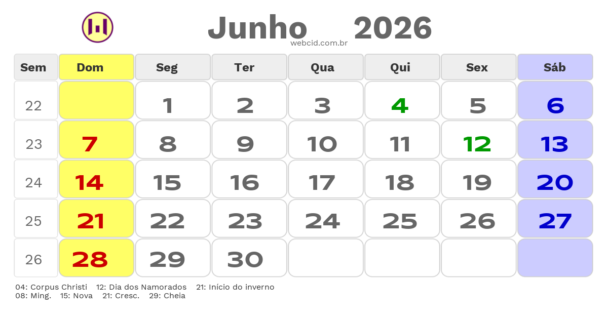 Calendário 2026 - Junho - Brasil com feriados e fases da lua