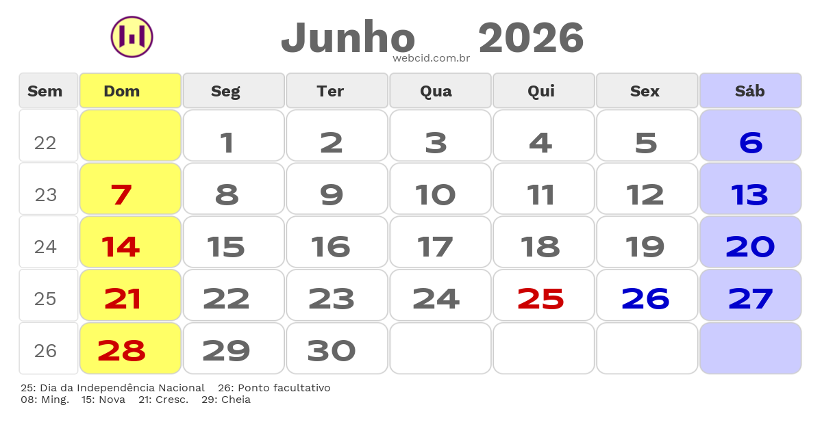 Calendário 2026 - Junho - Moçambique com feriados e fases da lua