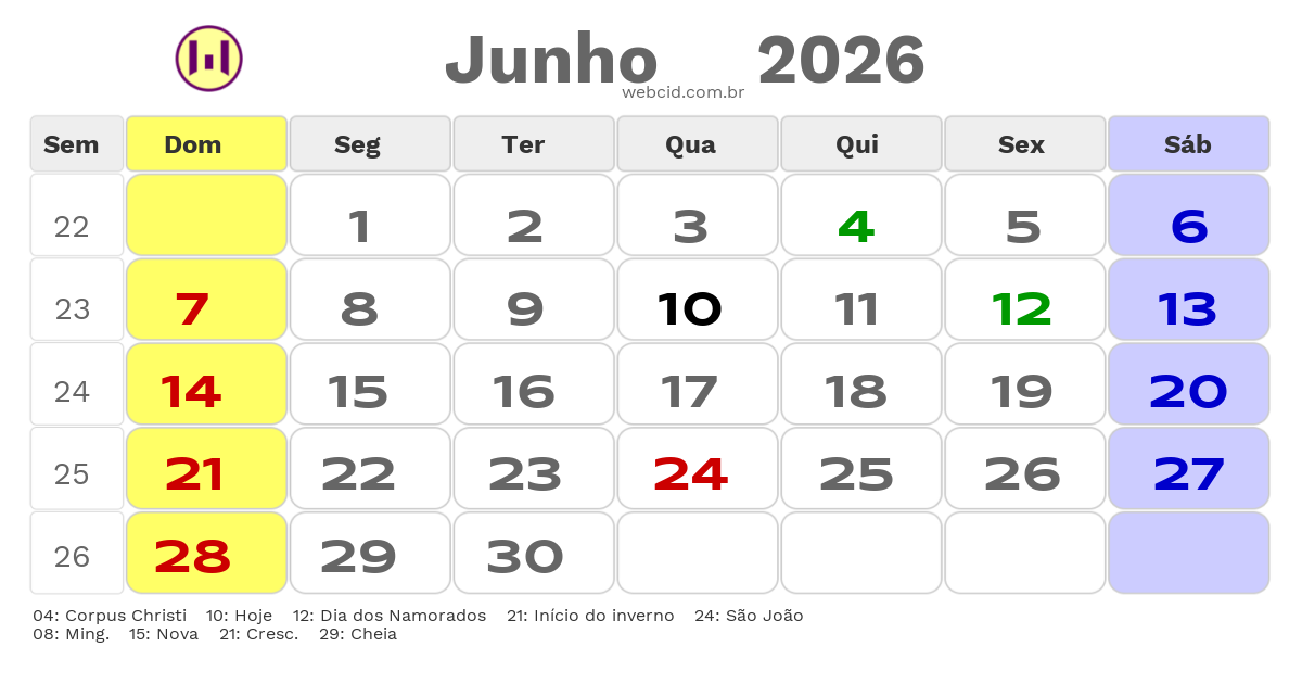 Calendário 2026 - Junho - Ferreiros-PE com feriados e fases da lua