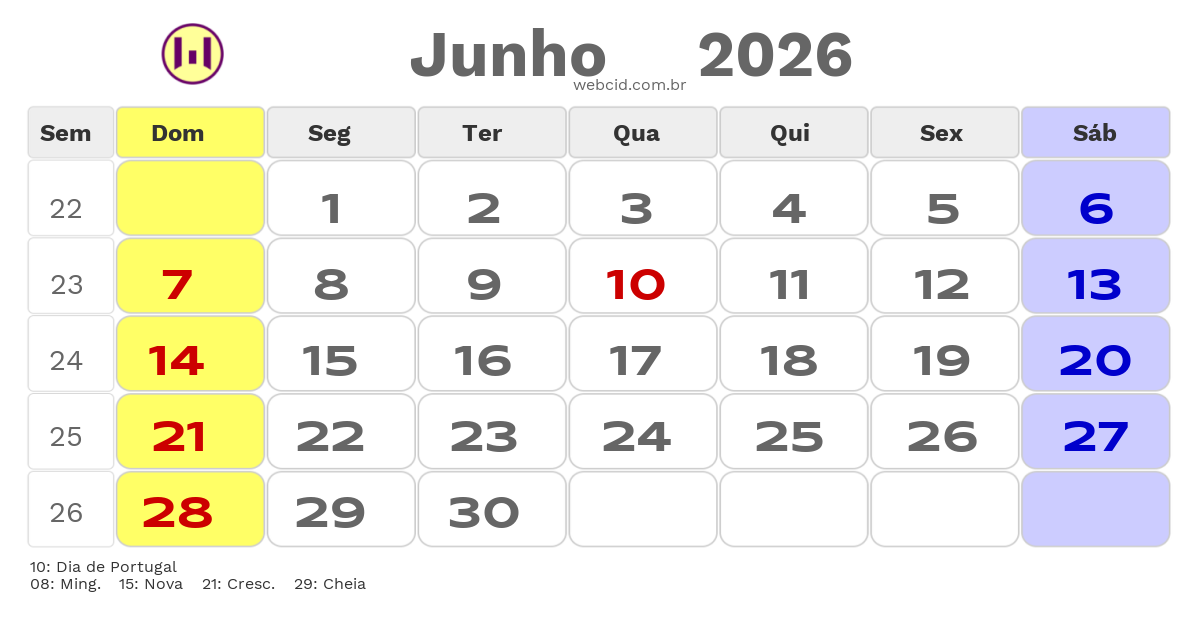 Calendário 2026 - Junho - Portugal com feriados e fases da lua