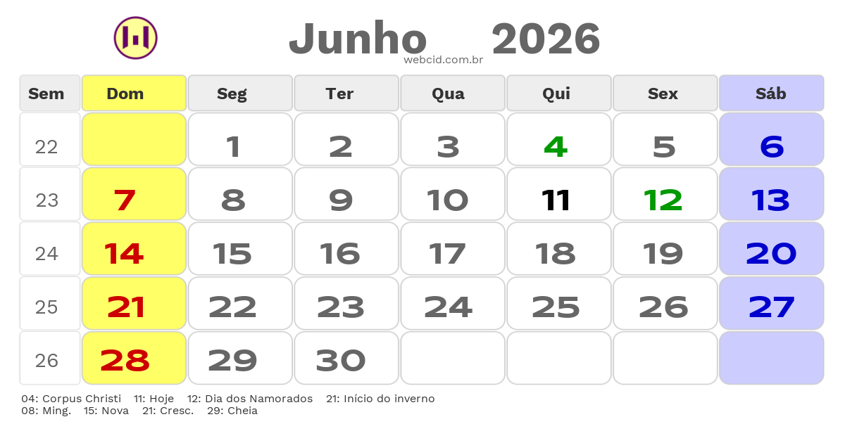 Calendário 2026 - Junho - Itaperuna-RJ com feriados e fases da lua