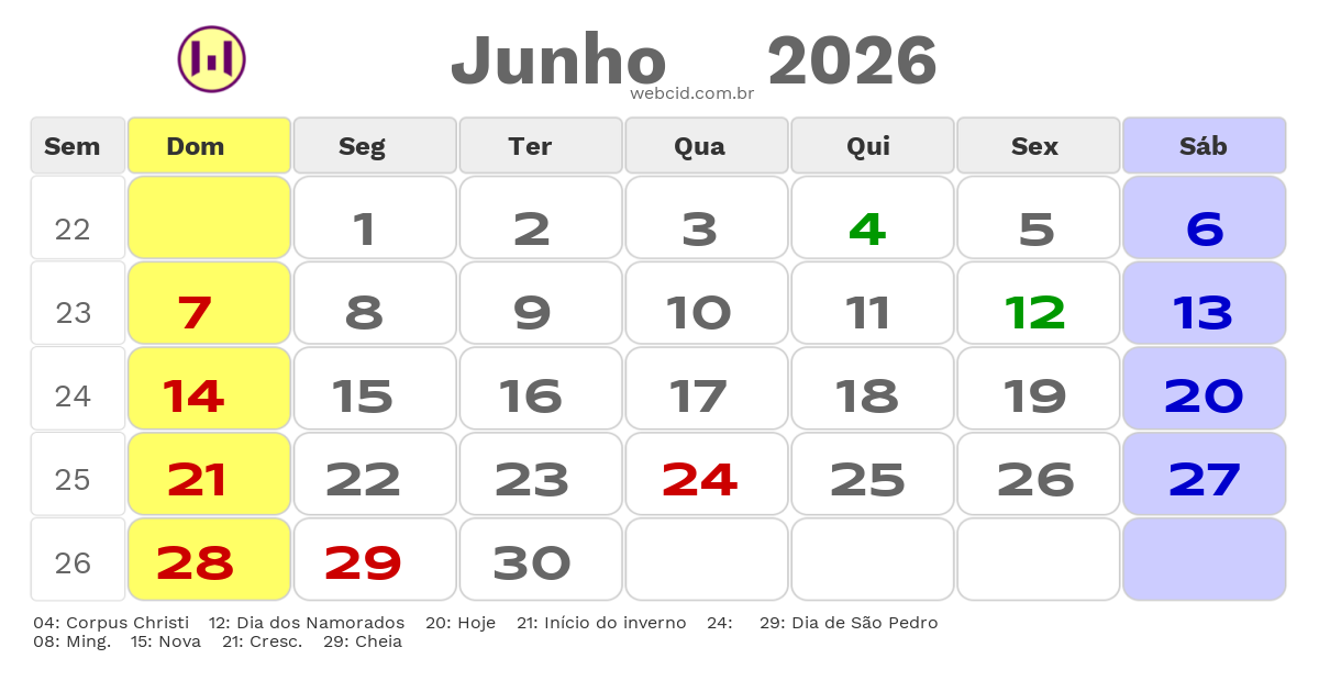 Calendário 2026 - Junho - Santa Cruz-RN com feriados e fases da lua