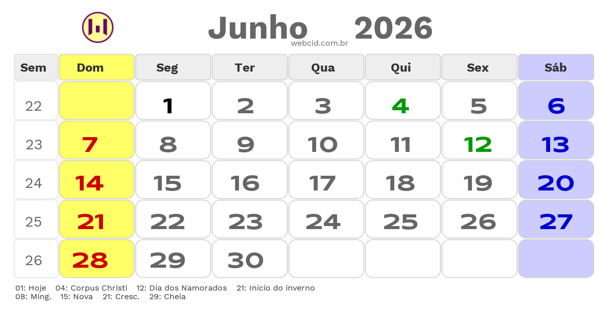 Calendário 2026 - Junho - Santa Rosa-RS com feriados e fases da lua
