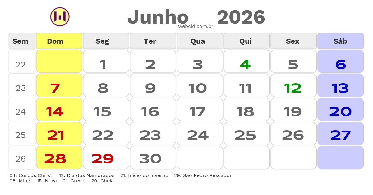 Calendário 2026 - Junho - Ubatuba-SP com feriados e fases da lua