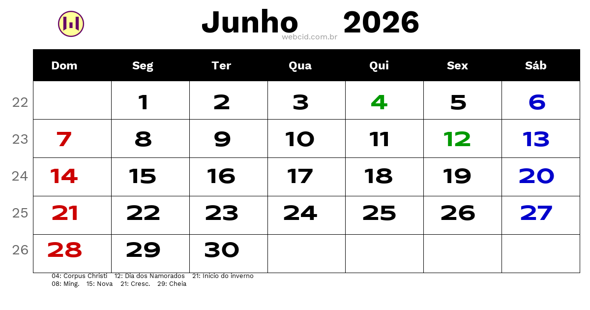 Calendário 2026 - Junho - Brasil com feriados e fases da lua