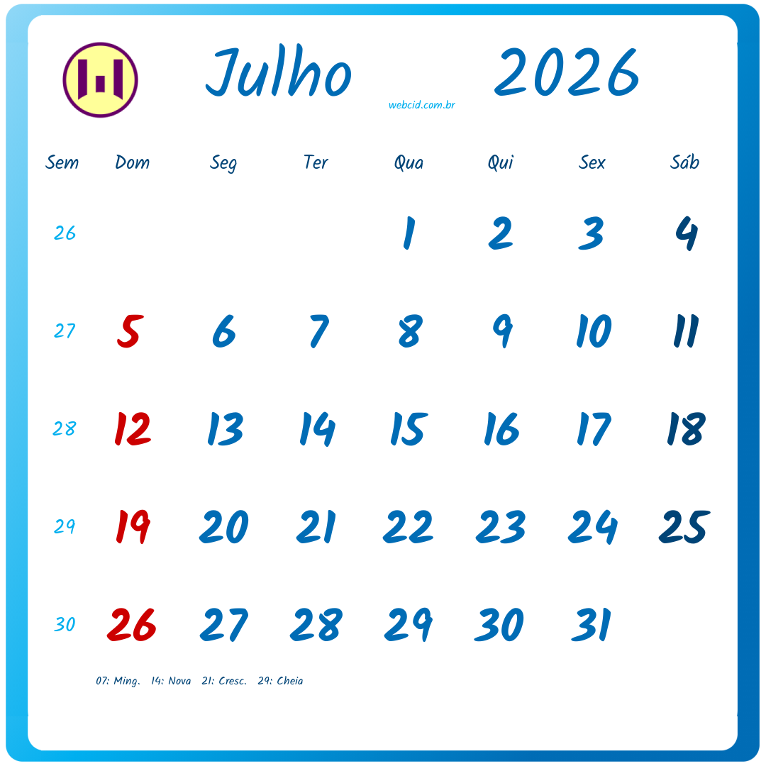 Calendário 2026 - Julho - Brasil com feriados e fases da lua