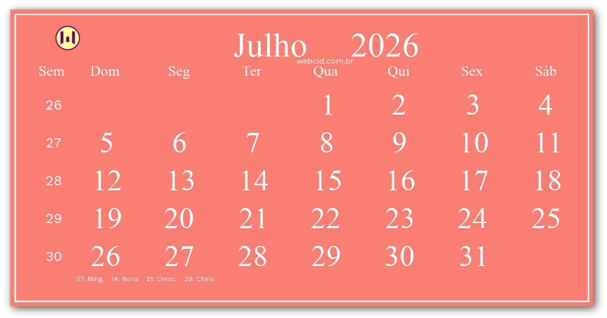 Calendário 2026 - Julho - Brasil com feriados e fases da lua
