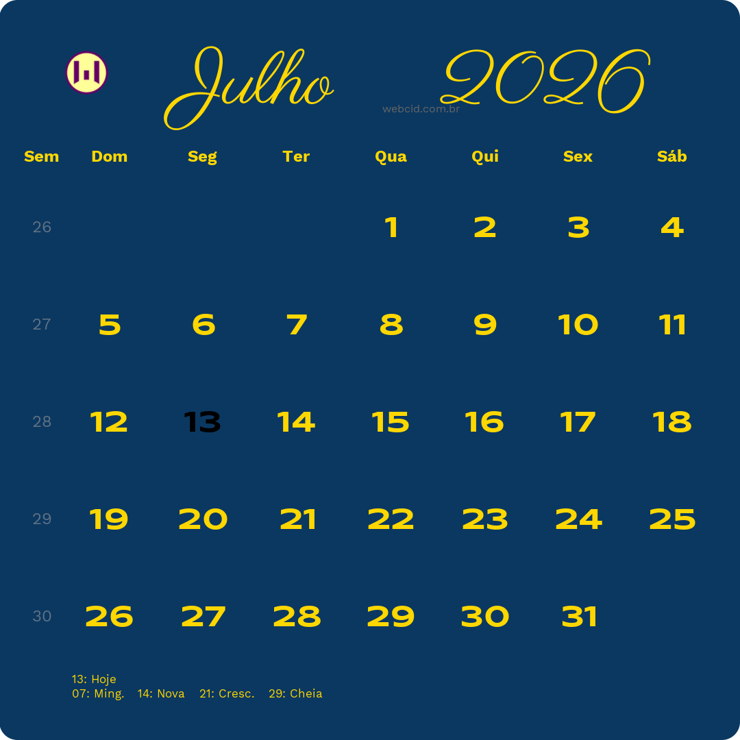 Calendário 2026 - Julho - Brasil com feriados e fases da lua