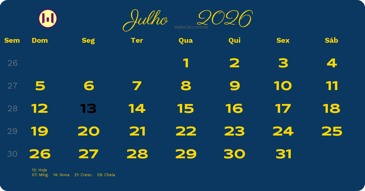 Calendário 2026 - Julho - Brasil com feriados e fases da lua