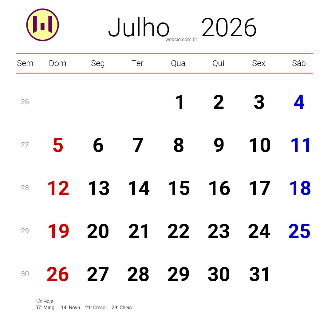 Calendário 2026 - Julho - Brasil com feriados e fases da lua