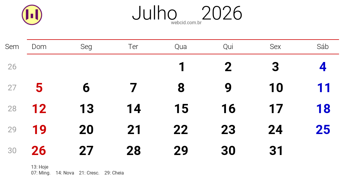 Calendário 2026 - Julho - Brasil com feriados e fases da lua