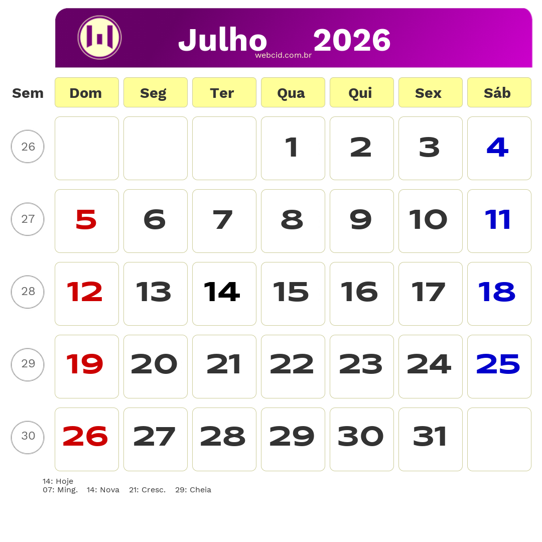 Calendário 2026 - Julho - Brasil com feriados e fases da lua