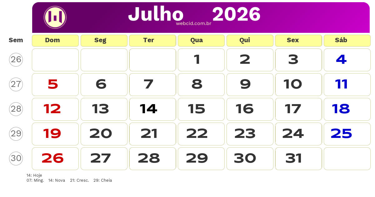 Calendário 2026 - Julho - Brasil com feriados e fases da lua