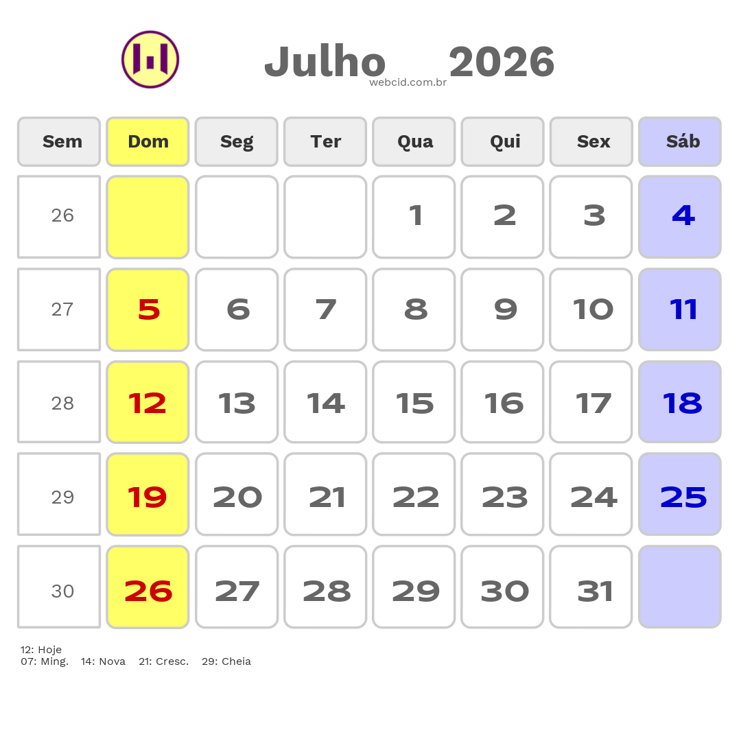 Calendário 2026 - Julho - Angola com feriados e fases da lua
