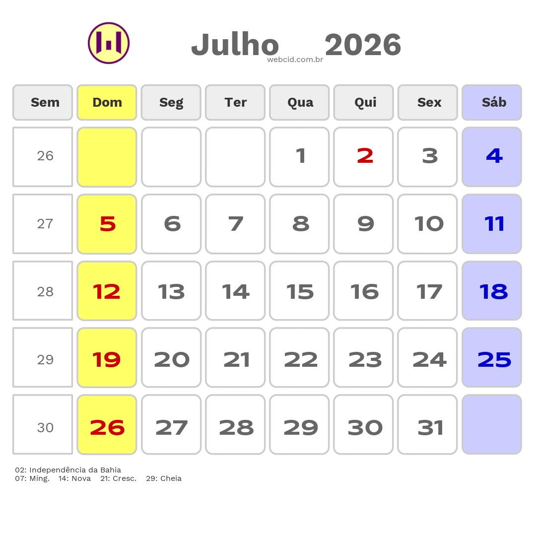 Calendário 2026 - Julho - Filadelfia-BA com feriados e fases da lua