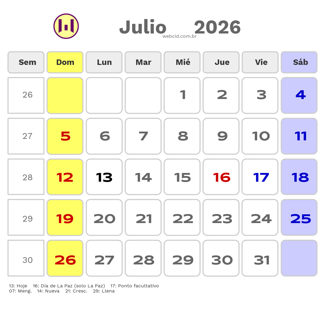 Calendario 2026 - Julio - Bolívia com feriados e fases da lua