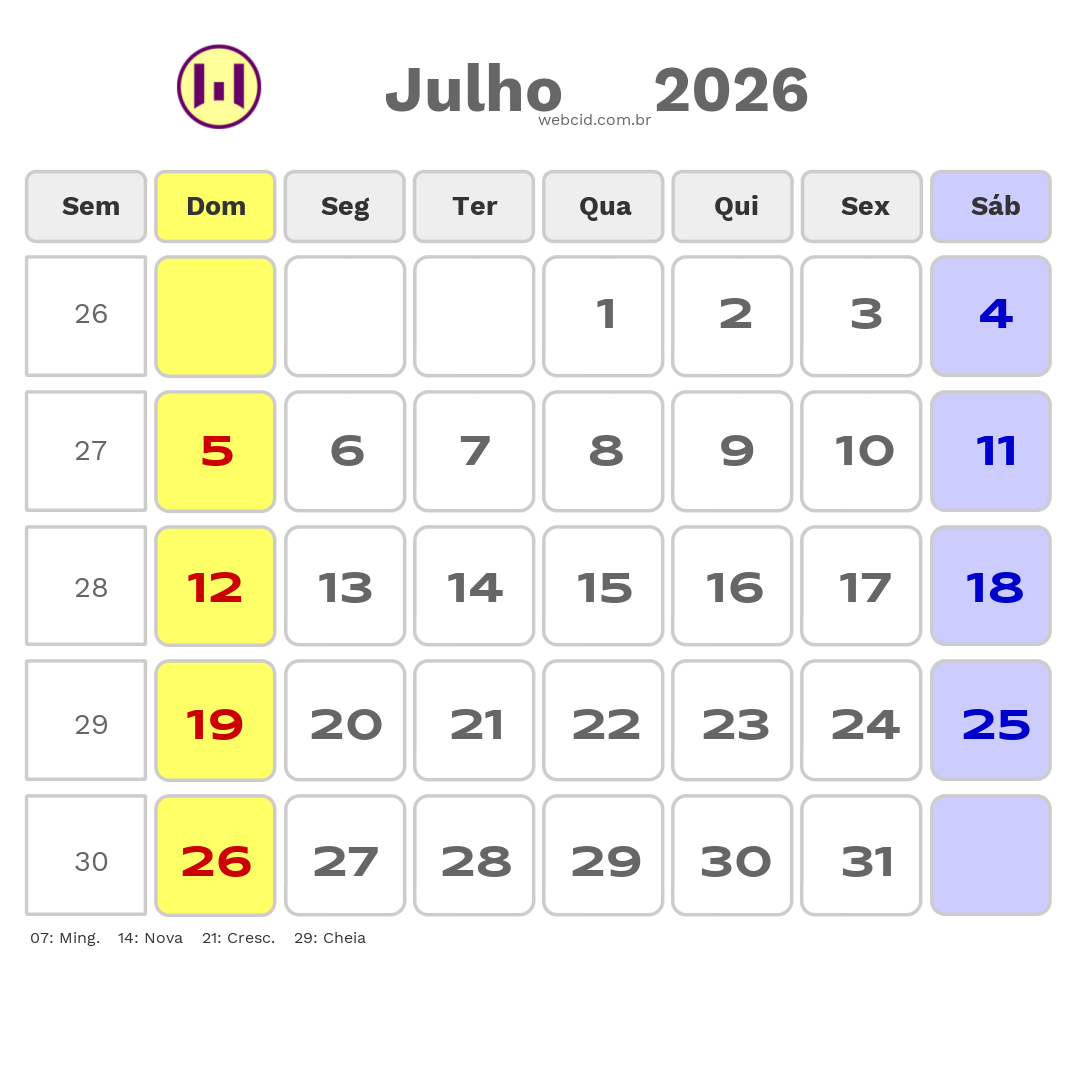 Calendário 2026 - Julho - Brasil com feriados e fases da lua