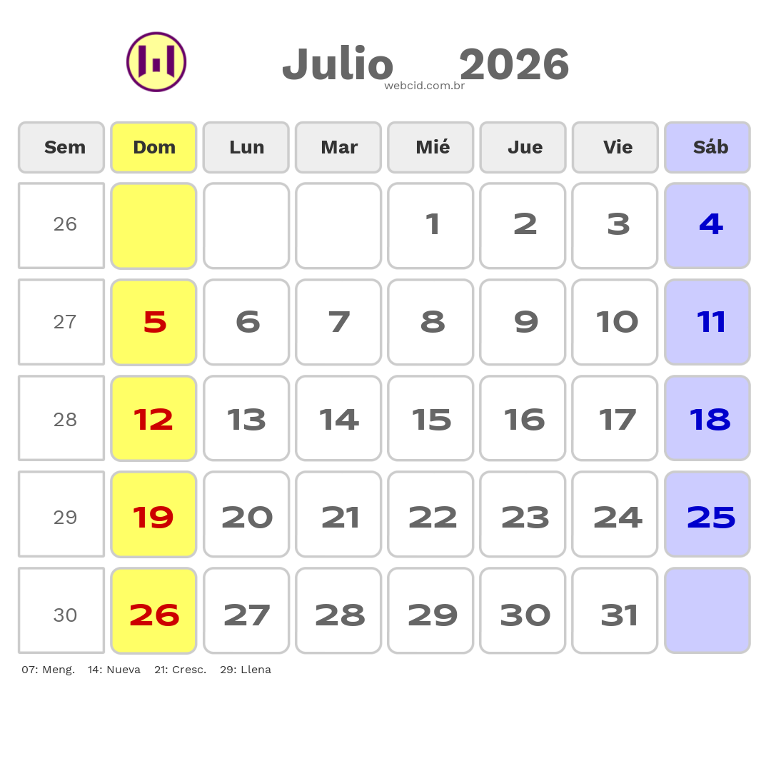 Calendario 2026 - Julio - Chile com feriados e fases da lua