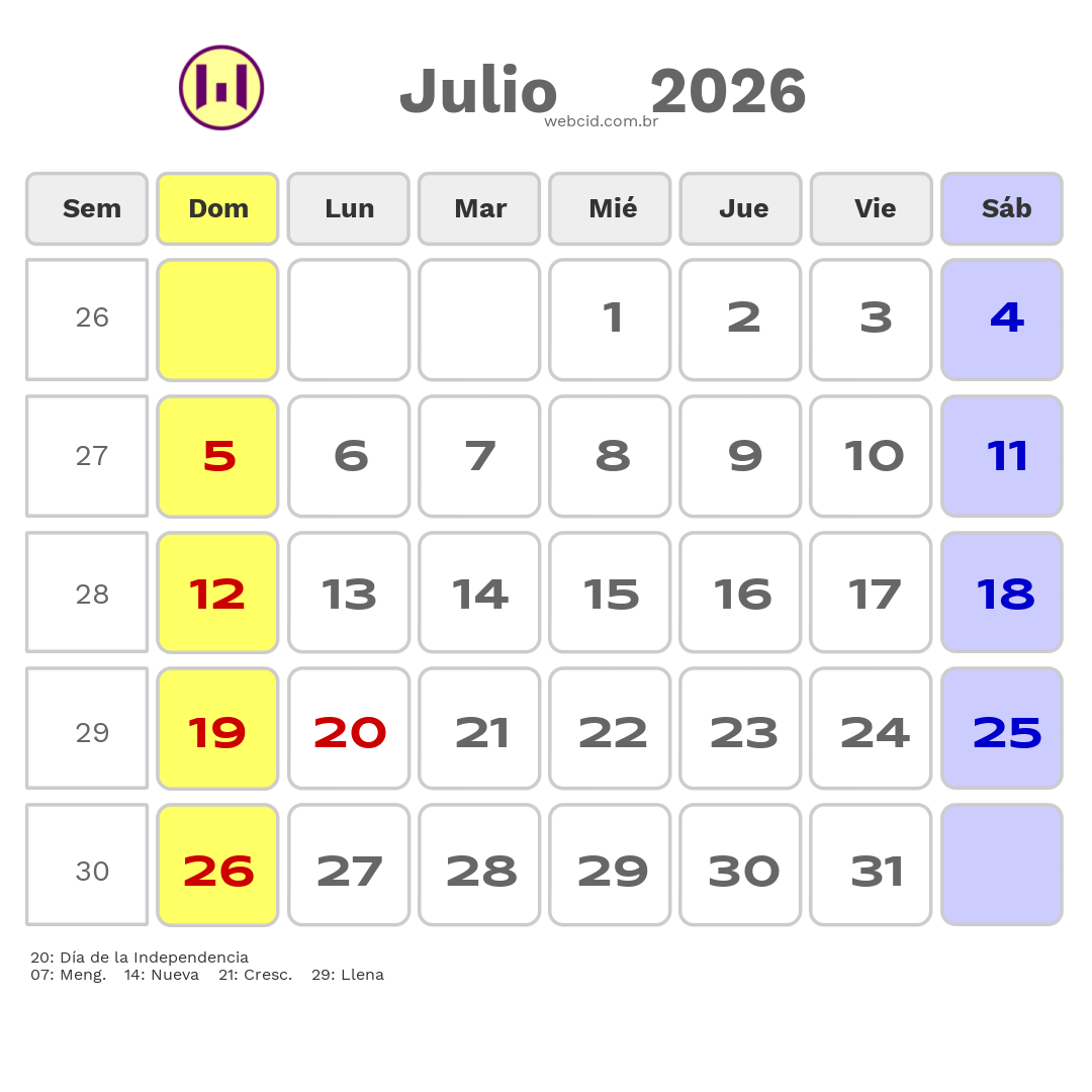 Calendario 2026 - Julio - Colômbia com feriados e fases da lua