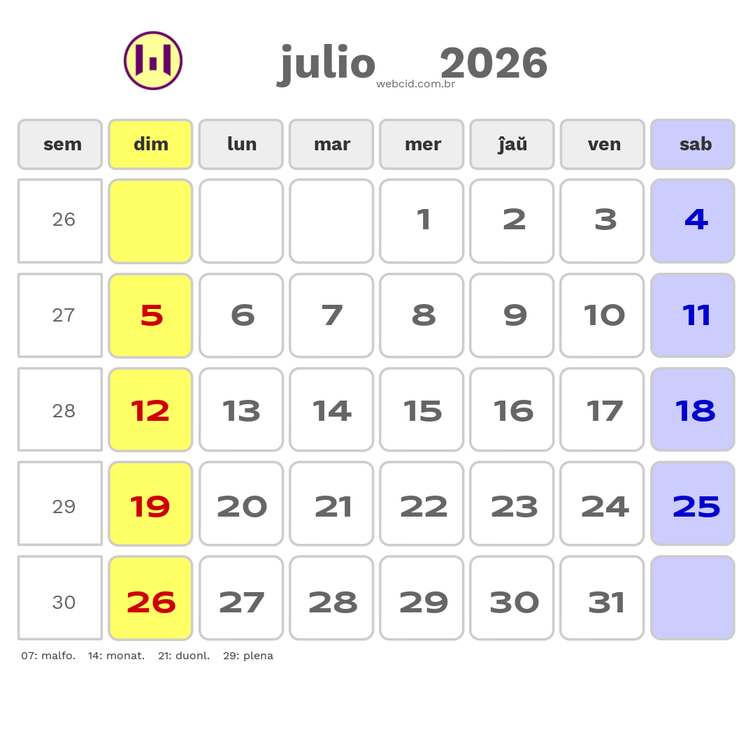 Kalendaro 2026 - julio - Esperanto-ESPERANTO com feriados e fases da lua