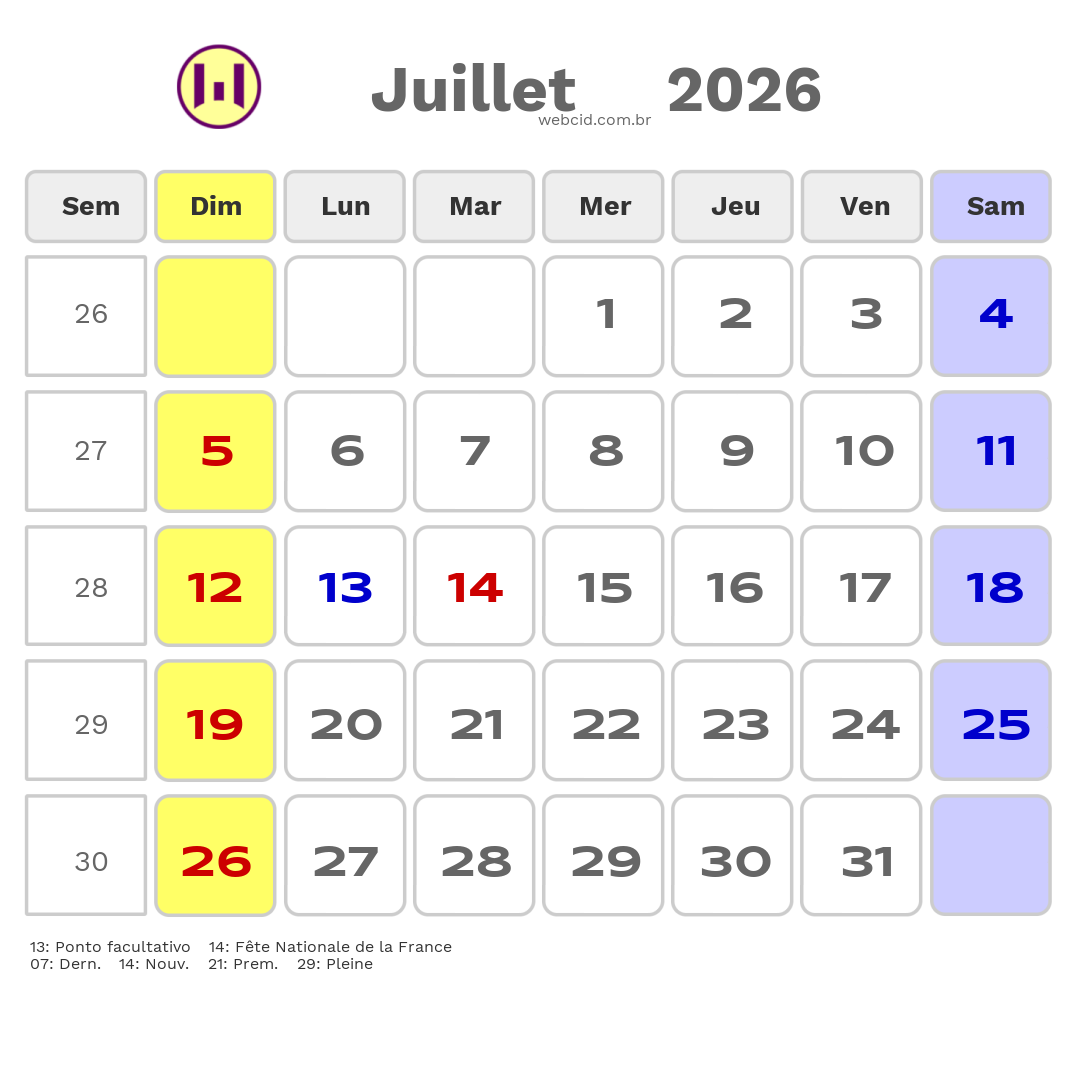 Calendrier 2026 - Juillet - La France com feriados e fases da lua