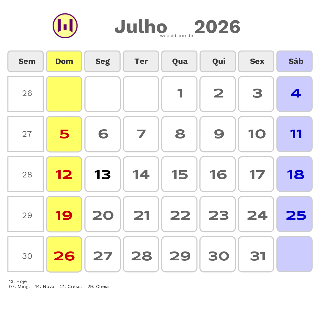Calendário 2026 - Julho - Guiné-Bissau com feriados e fases da lua