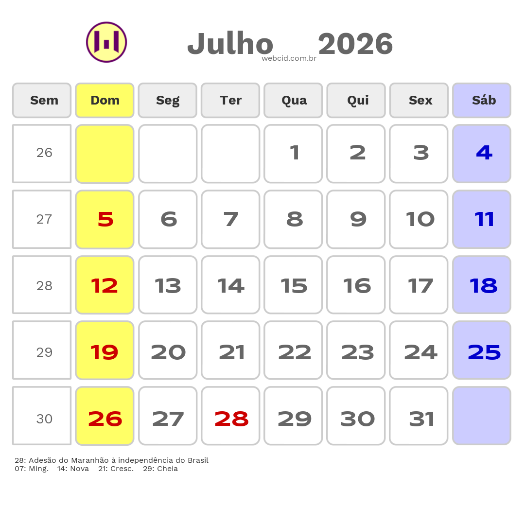 Calendário 2026 - Julho - Governador Nunes Freire-MA com feriados e fases da lua