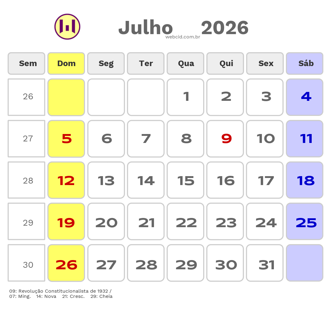 Calendário 2026 - Julho - Fernandopolis-SP com feriados e fases da lua
