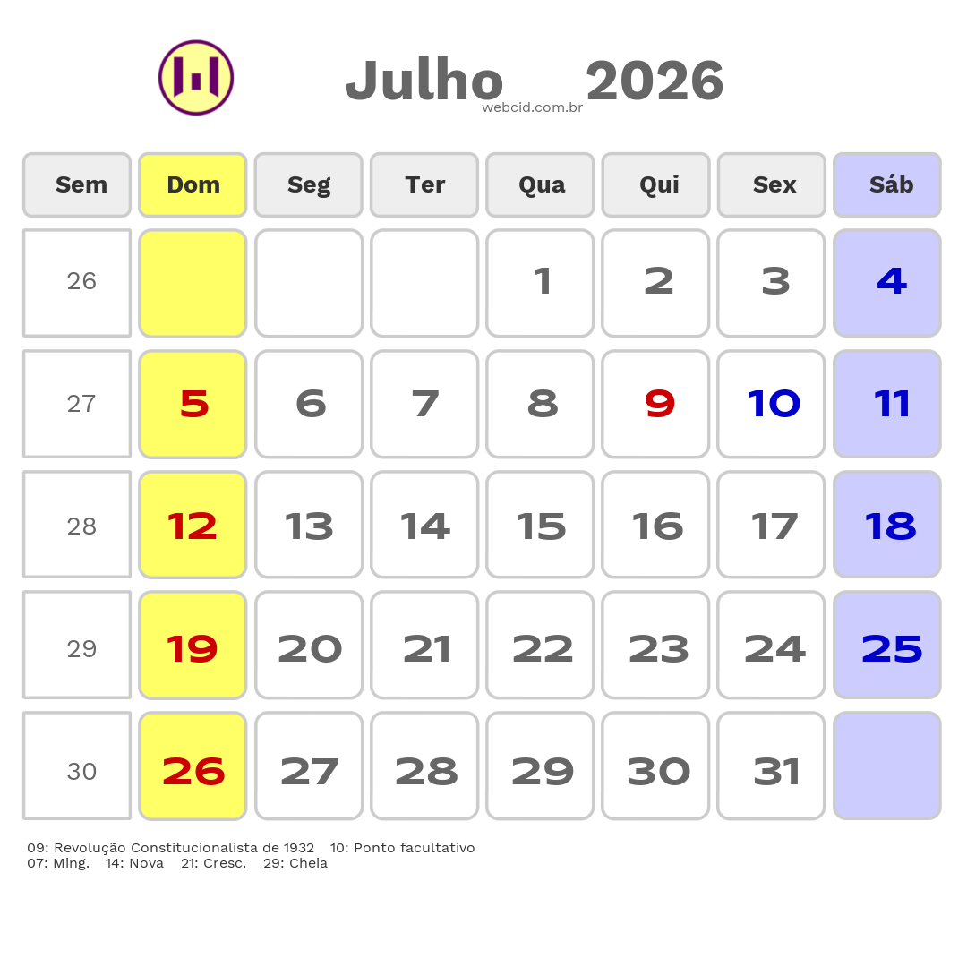 Calendário 2026 - Julho - São Roque-SP com feriados e fases da lua
